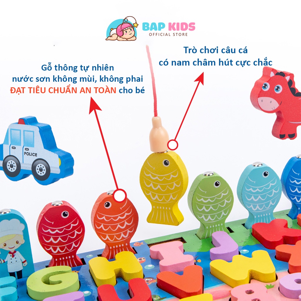 Đồ chơi câu cá gỗ đa năng 7 trong 1 kèm hình khối, số, chữ và phương tiện giao thông