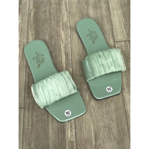 Dép nữ quai ngang vải dúm đế bệt đi chơi