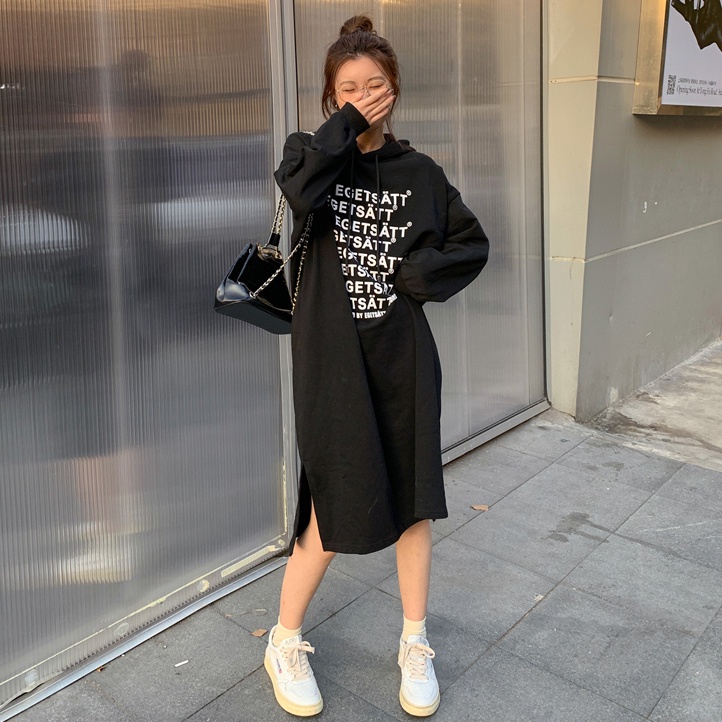 Đầm Nữ Dài Tay Có Nón In Chữ Thời Trang Hàn Quốc