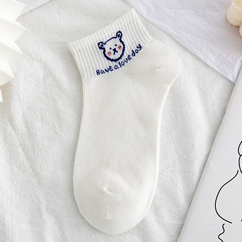 Tất Vớ Cổ Ngắn Nữ Tone Trắng Họa Tiết Gấu Xinh Vải Cotton