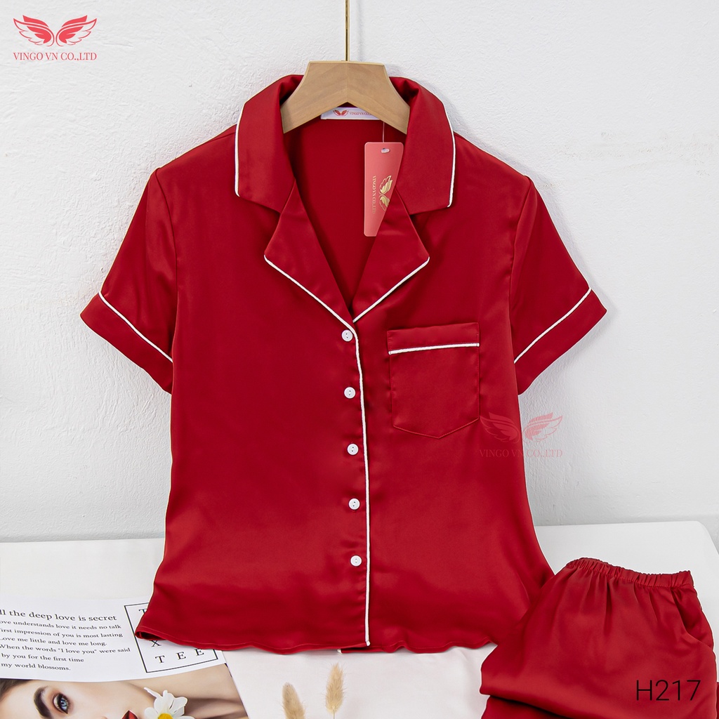 Bộ Đồ Ngủ Pyjama basic Mặc Nhà Vingo cho Nữ Tay Cộc Quần Dài Lụa Trơn Cao Cấp Phối Viền Trắng Thanh Lịch H217 VNGO | BigBuy360 - bigbuy360.vn