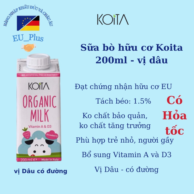 Sữa Koita 200ml Ý vị dâu, socola, nguyên kem không đường
