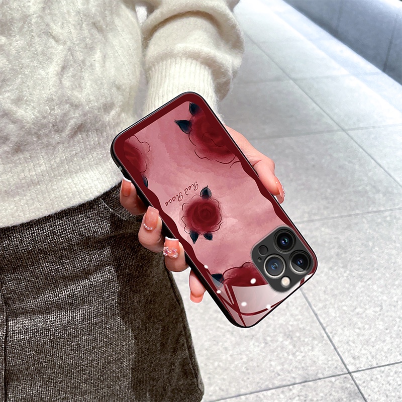 Ốp Điện Thoại Mặt Kính In Hình Hoa Hồng Cho iPhone 14 13 12 11 Pro Max X XS XR 8 7 6 Plus