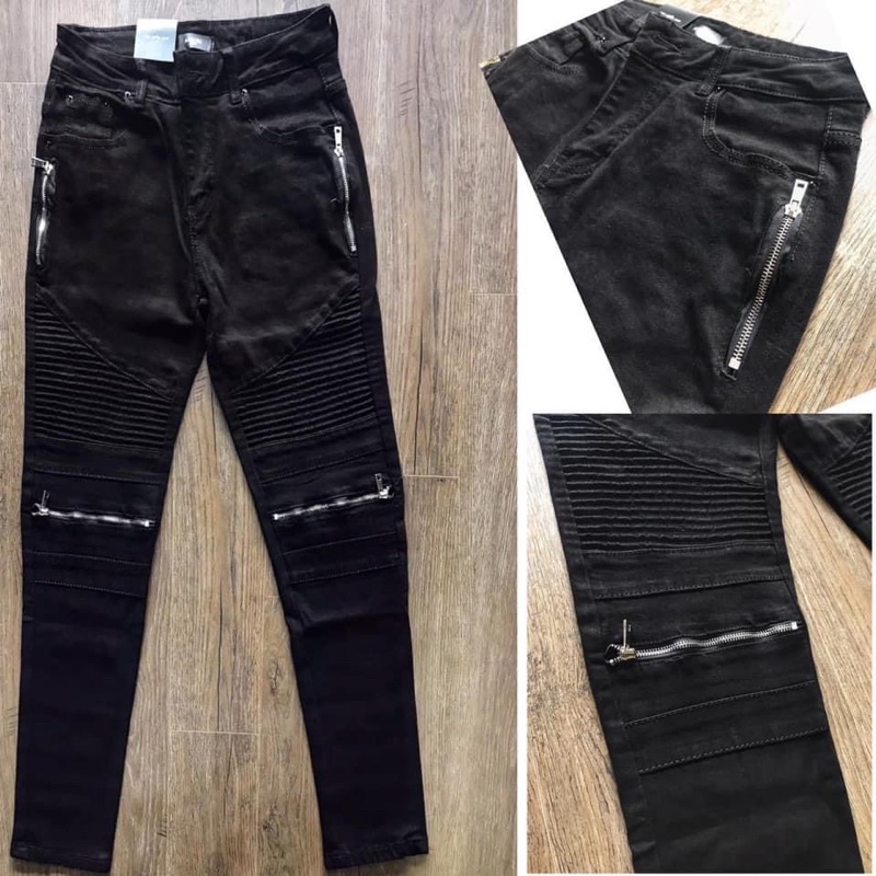 Quần jean vá nhăn phối khoá ngang,quần bò vá nhăn gối mix khoá