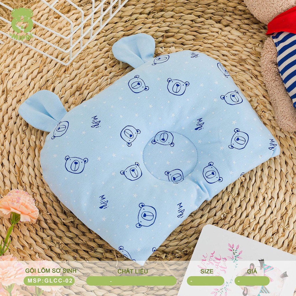 Gối lõm Mipbi chống bẹp đầu 100% Cotton HÀNG CAO CẤP Gối lõm sơ sinh thấm hút mồ hôi