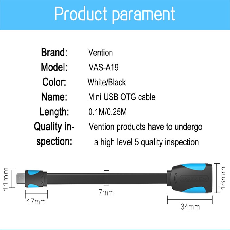 Vention dây cáp OTG 0.1m 0.25m chuyển đổi đầu cắm mini USB sang ổ cắm USB cho máy ảnh/ điện thoại/ máy tính bảng