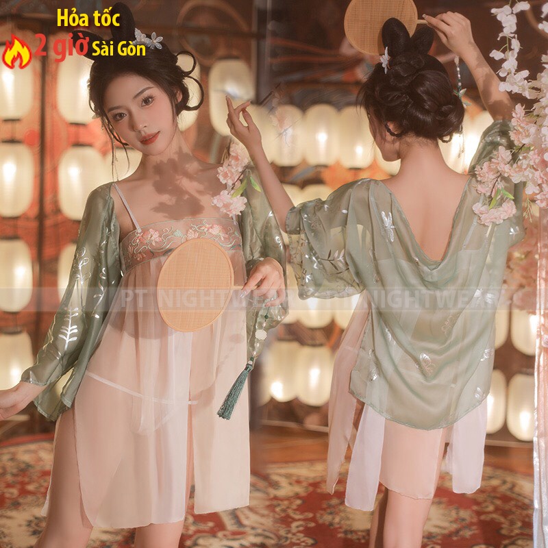 Váy ngủ cổ trang 2 dây xuyên thấu phối áo choàng PT NIGHTWEAR kèm quần chip gợi cảm PT45