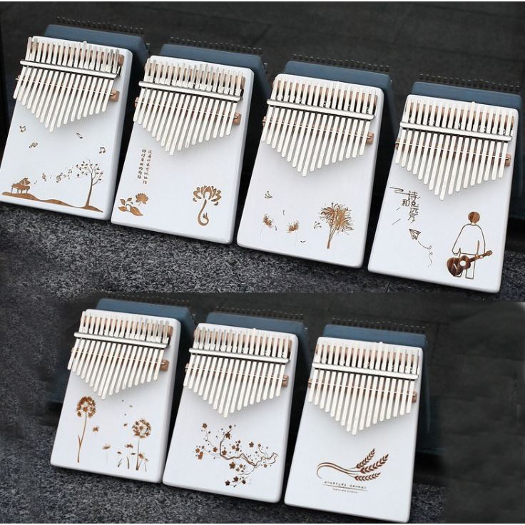 Đàn Kalimba 17 Phím Sơn Trắng Khắc Hình, Âm Sắc Rõ Ràng, Không Tịt Phím, Đầy Đủ Phụ Kiện