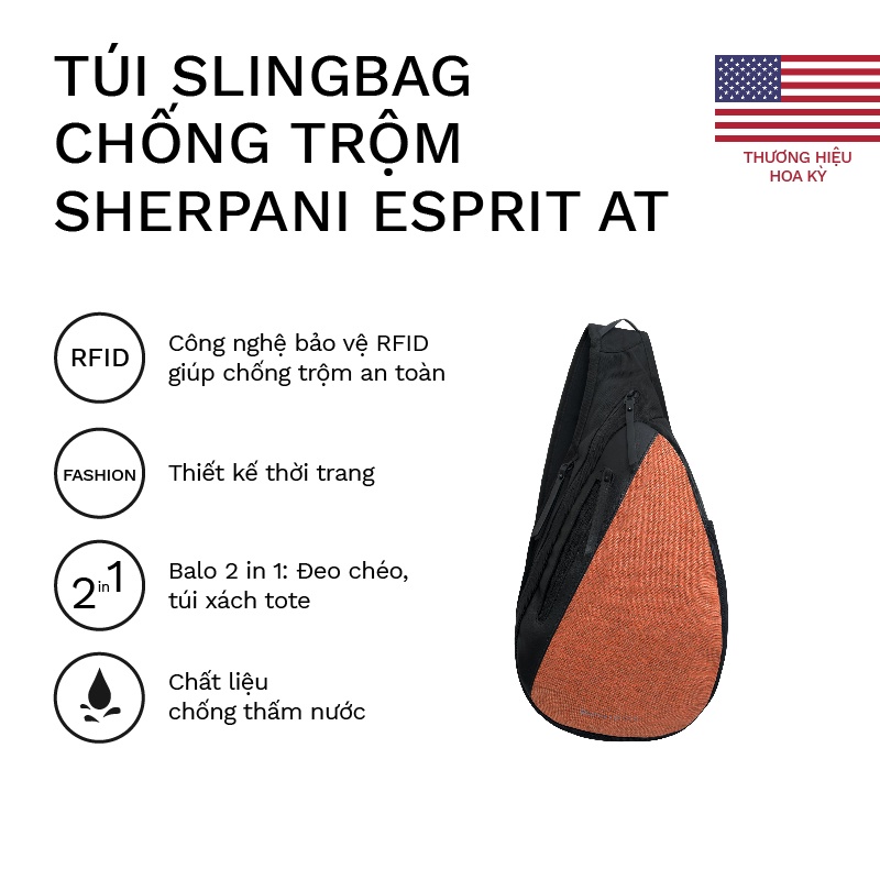 Túi Sling bag chống trộm Sherpani Esprit at chống thấm nước tốt, thiết kế độc đáo_ Bảo hành 12 tháng