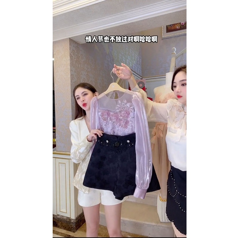 ⊙♕Áo Sơ Mi Lụa Sáng Cổ Tròn Đính Hạt Sequin Tùy Chỉnh Cao Cấp Phong Cách Mới Xuân Hè Cổ Điển Cho Nữ