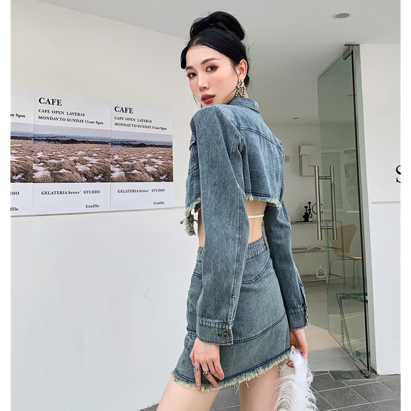Set Áo Khoác Jeans Dài Tay + Chân Váy Jeans Thời Trang Nữ
