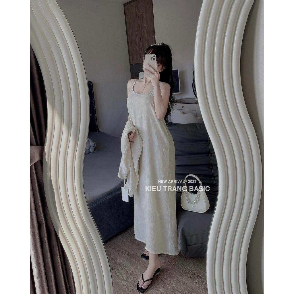 Set váy suông 2 dây mix khoác sơ mi sọc siêu phẩm BNUqq