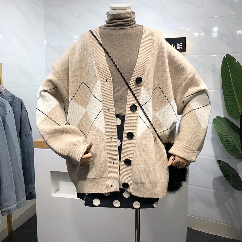 Áo Khoác Len Cardigan Nữ Họa Tiết Thổ Cảm Kim Cương Dáng Rộng Phong Cách Hàn Quốc