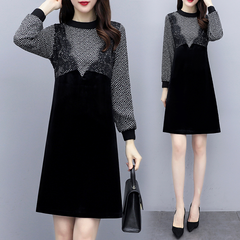 Plus Size 5XL Autumn New Women Korean Fashion Lace Patchwork Velvet Dress Casual Loose Long Sleeve Party Midi Dresses | BigBuy360 - bigbuy360.vn