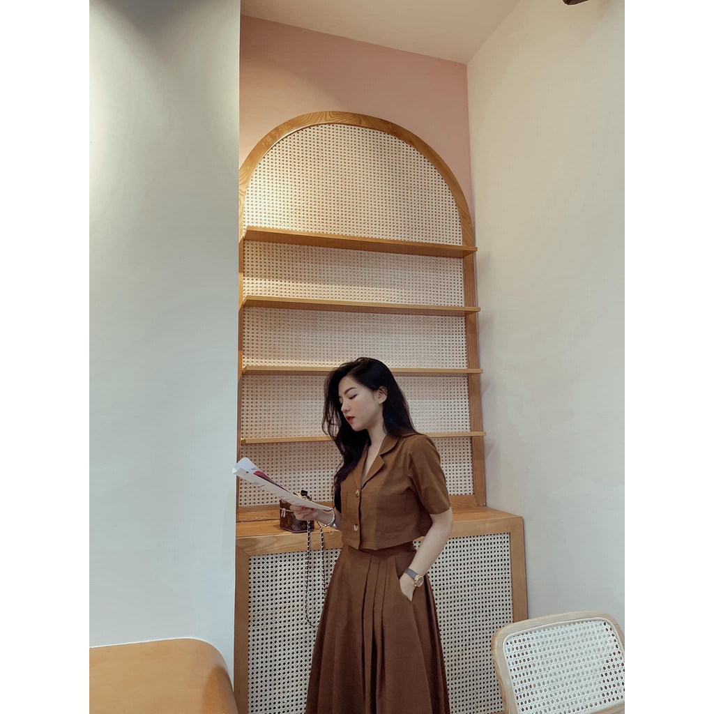 Set Áo Vest Cộc Tay Nữ Chân Váy Ly Dài Trend 2021