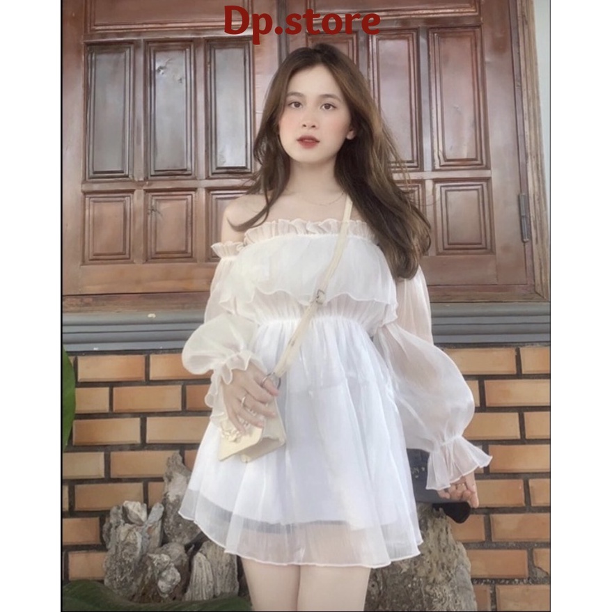 Áo váy trễ vai trắng nữ dài tay phồng DPS - Đầm mini đũi von bánh bèo tiểu thư, thun kiểu form rộng hàn quốc ulzzang