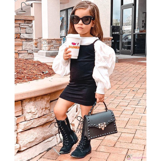 Bộ áo tay phồng dài màu trơn + đầm hai dây thoải mái cho bé gái 1-6 tuổi