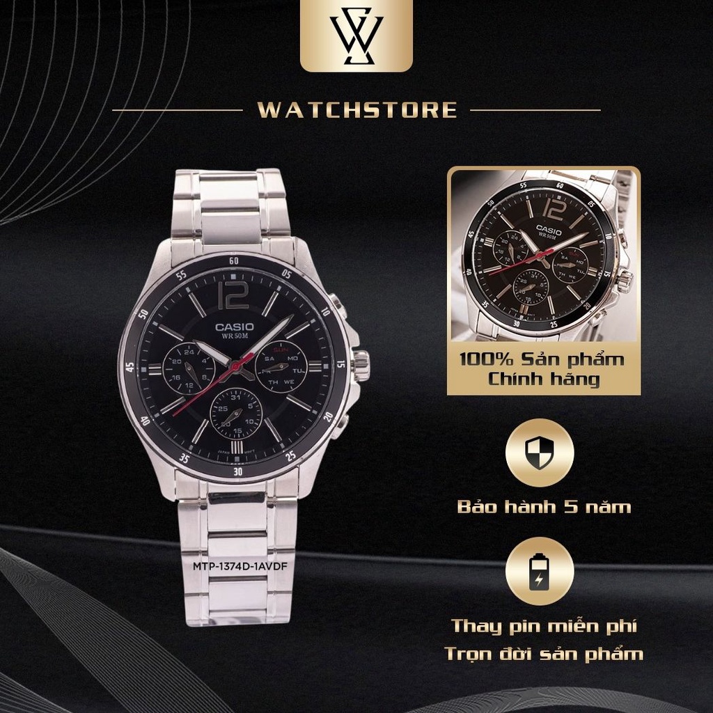 Đồng Hồ Quartz Nam Casio WATCHSTORE MTP-1374D-1AVDF Thiết Kế Mặt Kính Khoáng 43.5mm, Dây Kim Loại Và Vỏ Thép Không Gỉ