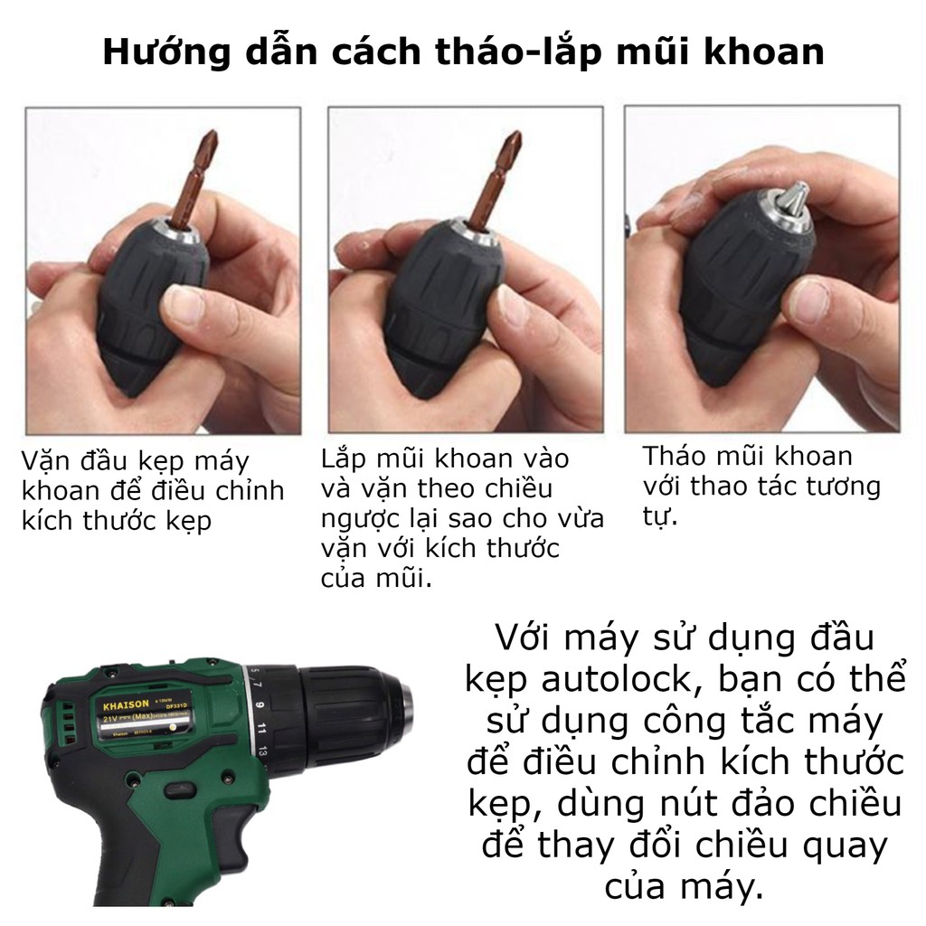 Máy khoan pin bắt vít đa năng không chổi than đầu 10mm autolock Khaison (màu xanh lá)