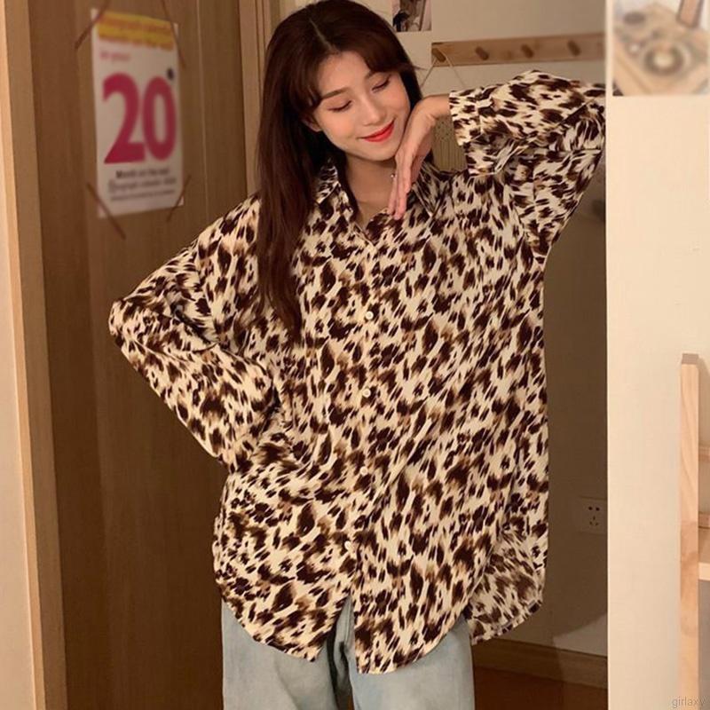 Áo Sơ Mi Tay Dài Dáng Rộng Họa Tiết Da Báo Quyến Rũ Phong Cách Hàn Quốc