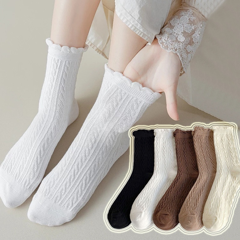 Đôi Vớ Cotton Mềm Thoáng Khí Phối Ren Nhún Bèo Màu Trơn Phong Cách Nhật Bản Dễ Thương Cho Nữ
