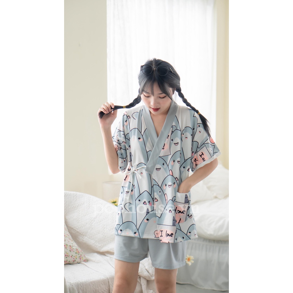 Combo Cá mập- Gấu trắng bộ - Pijama kimono ngủ chất liệu cotton, đồ ngủ kimono đồ ngủ kiểu Nhật bản - Poohouse Pyjama