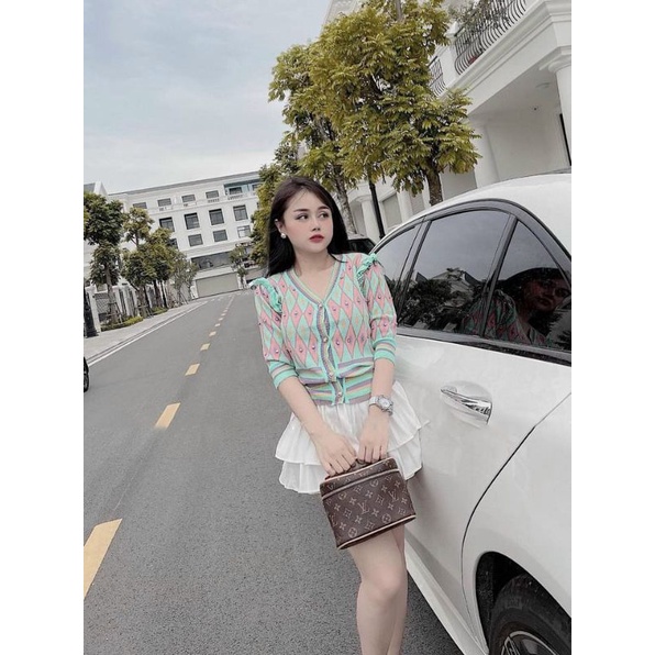 A533 Áo len cardigan tay lửng bo ống, họa tiết thổ cẩm tone xanh tôn la, lạ mắt, phối bèo vai