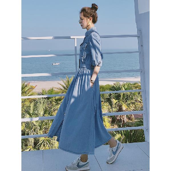 Đầm Denim Mỏng Tay Phồng Dài Đến Mắt Cá Chân Thời Trang Mùa Hè 2022 Kiểu Pháp Cổ Điển Dành Cho Bạn Nữ