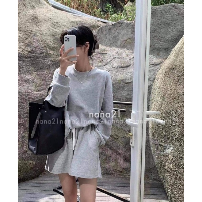 Set quần áo nữ 🌸 Bộ áo nỉ và quần đùi basic 3 màu ĐEN XÁM BE style Hàn Quốc bánh bèo ulzzang cá tính cho nữ PHULA 🌸