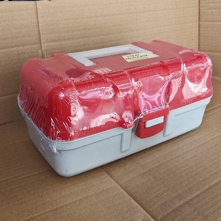 Hộp dụng cụ, hộp đồ nghề 2 tầng xếp gọn, nắp màu có khóa cài, quai xách. Một số vách ngăn tháo được. 32x18x15cm. VX7203