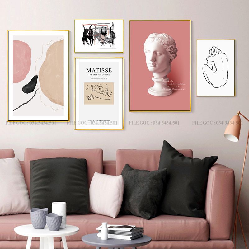Bộ 5 Tranh Tối Giản Hình Học Trừu Tượng Boho Matisse Picasso Châu Âu - Tone Hồng Trắng - Dán Tường Khổ Lớn - Melyhome