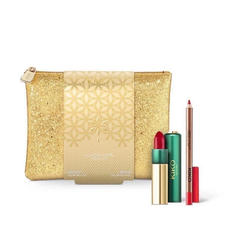 Set trang điem Kiko Holiday Gems Timeless Lip Kit kèm túi đựng