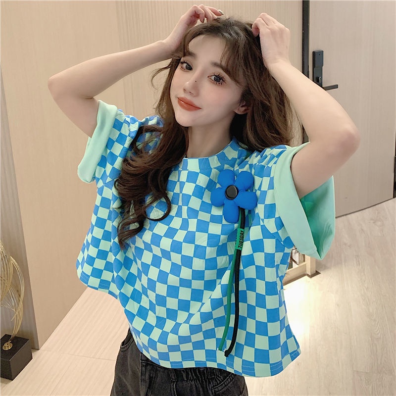 Áo Thun Tay Ngắn Họa Tiết Ô Vuông Thời Trang Hàn Quốc