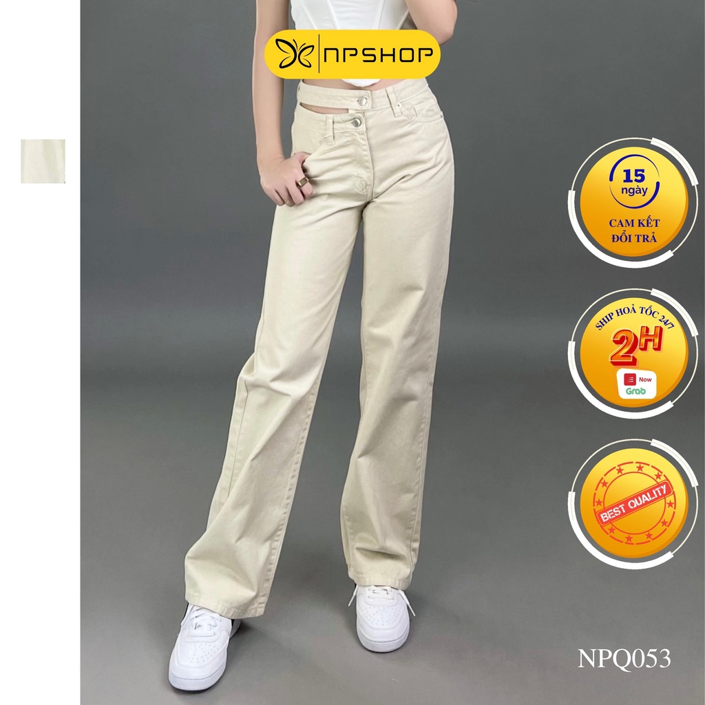 Quần jean nữ ống rộng dáng dài lưng cao kiểu 2 nút NPQ053