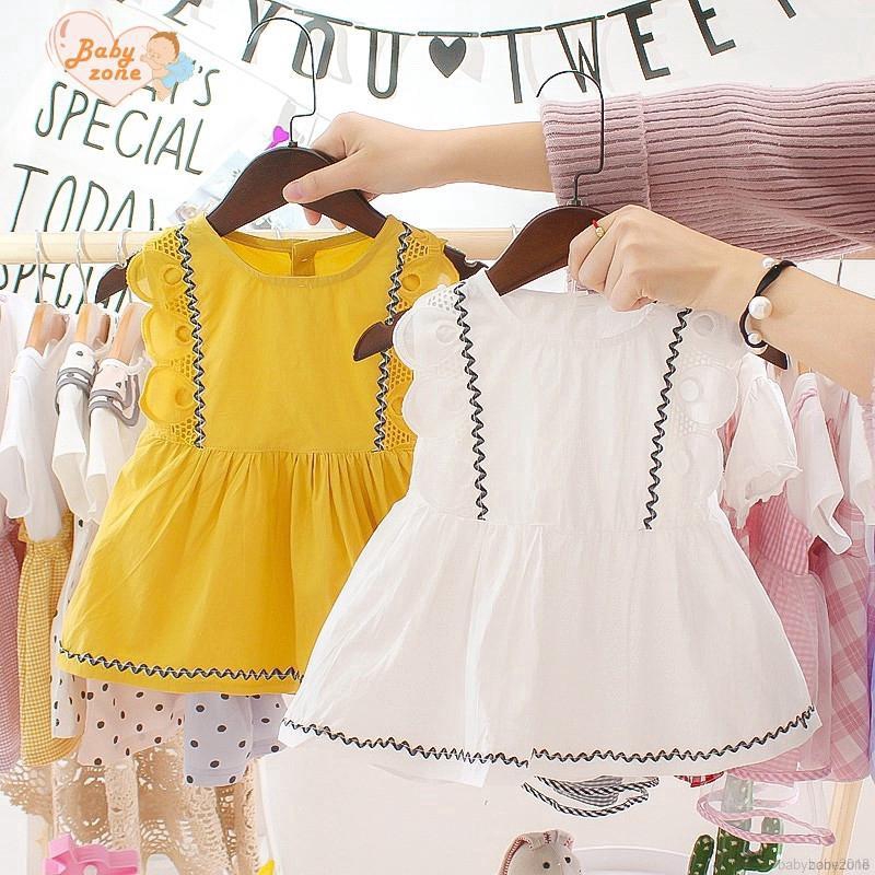 Đầm cotton màu trơn chạy viền nhỏ phối ren dễ thương cho bé gái