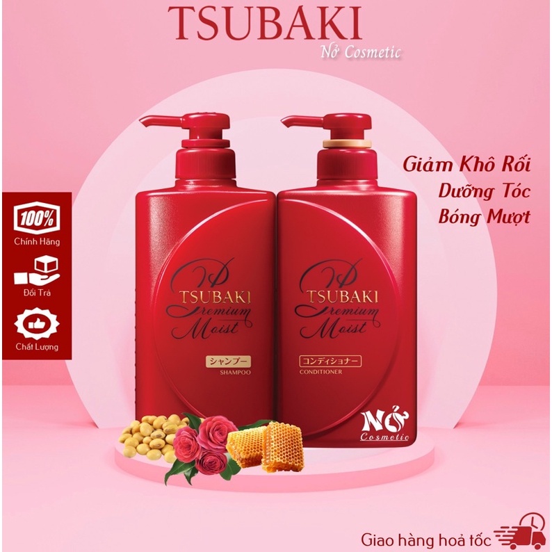 Bộ sản phẩm Gội Xả - Dầu Gội TSUBAKI Đỏ Dưỡng tóc bóng mượt Premium Moist Tsubaki (490ml/chai) Nở cosmetic