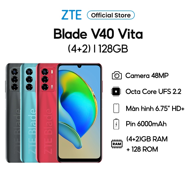 Điện thoại ZTE Blade V40 Vita - MH giọt nước HD+ 6.75" - Pin 6000 mAh sạc nhanh 22.5W - Bộ nhớ mở rộng (4+2)GB l 128GB