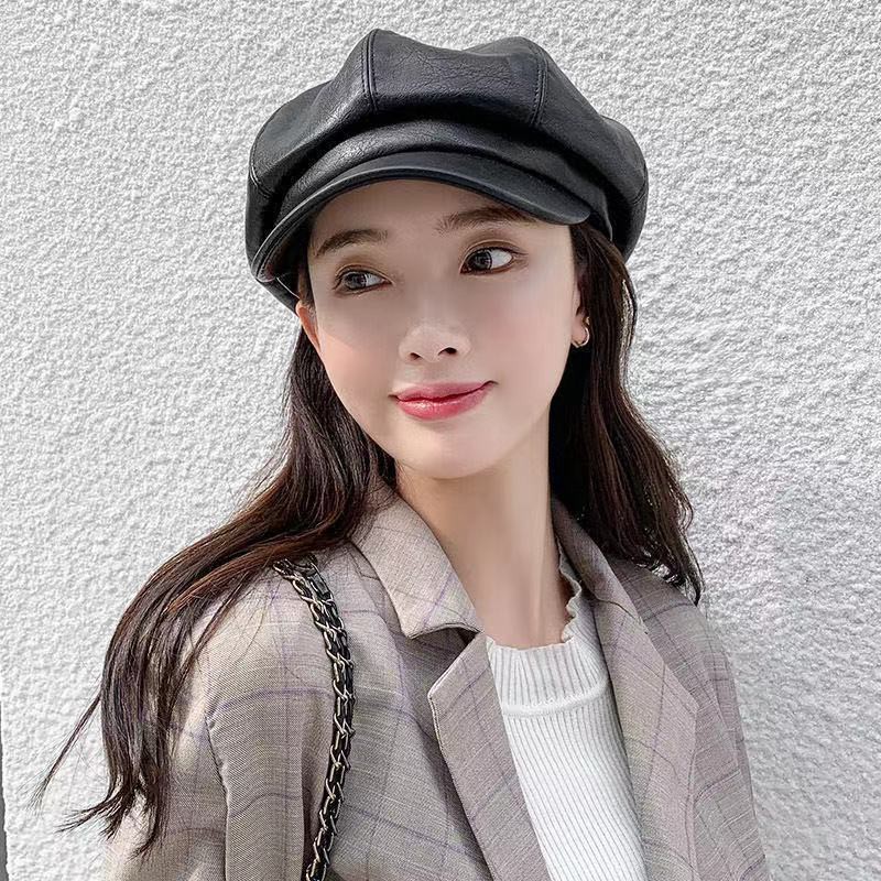 Mũ Nồi Baret Nữ Nón Nồi PU màu đen Thời Trang Hàn Quốc Mùa Đông MN28