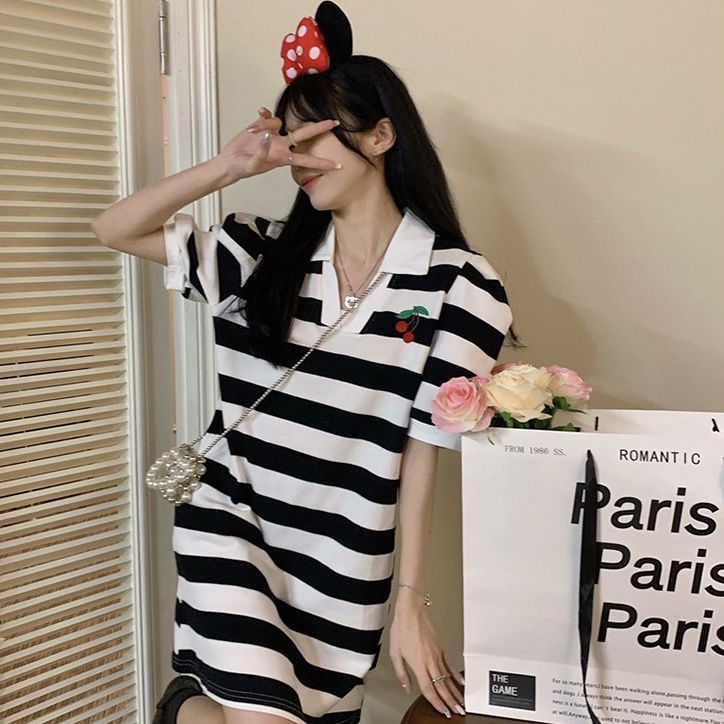 Áo thun polo dệt kim ZHELIHANGFEI dáng rộng họa tiết kẻ sọc trẻ trung sáng tạo