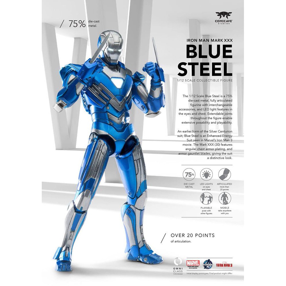 Mô hình Chính Hãng Comicave x Marvel Iron Man Mark 30 MK30 Blue Steel Die-Cast 1/12