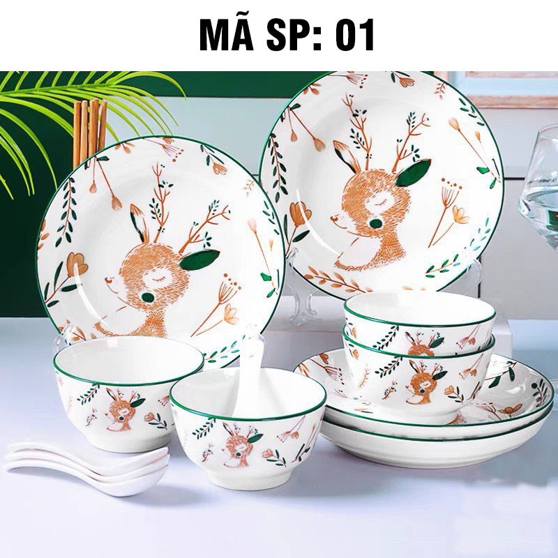 Bộ bát đĩa sứ 18 món in họa tiết decor trang trí (6 mẫu) - VS190