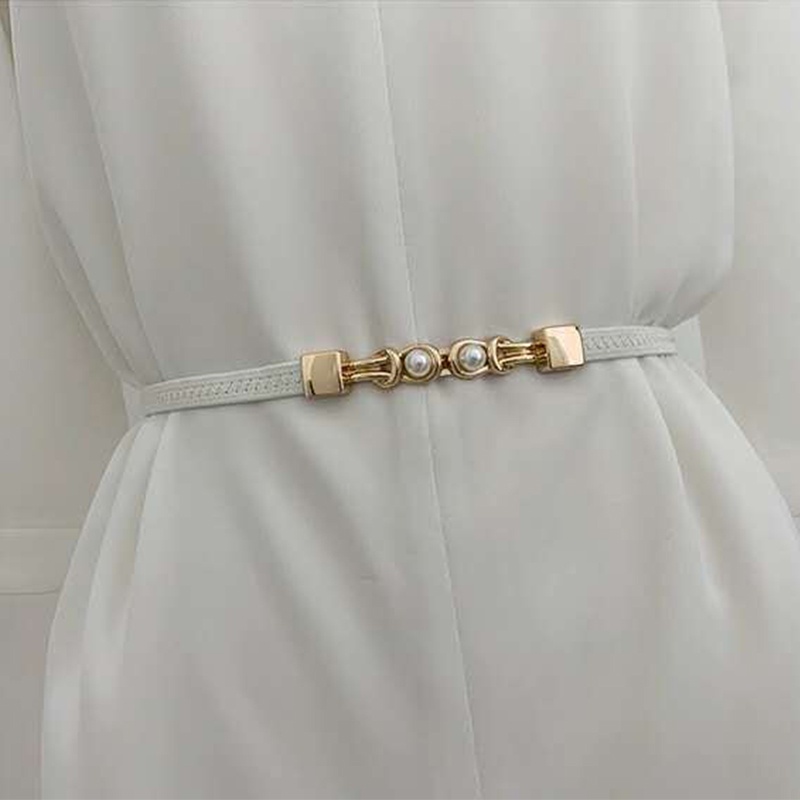 Thắt lưng bản mỏng 2 dây co giãn màu đen gắn ngọc trai sang trọng cho nữ