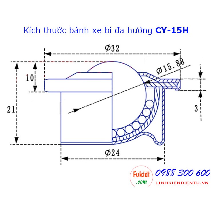 Bánh xe bi đa hướng, con lăn bi đa hướng CY-15, bi thép/bi nylon 15mm tải 25kg - CY15HT | CY15AP | CY15AT