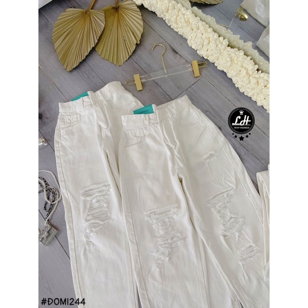 Quần baggy nữ, quần baggy bò trắng rách 2 bên tua rua siêu cá tính cho nàng Lê Huy Fashion MS 244