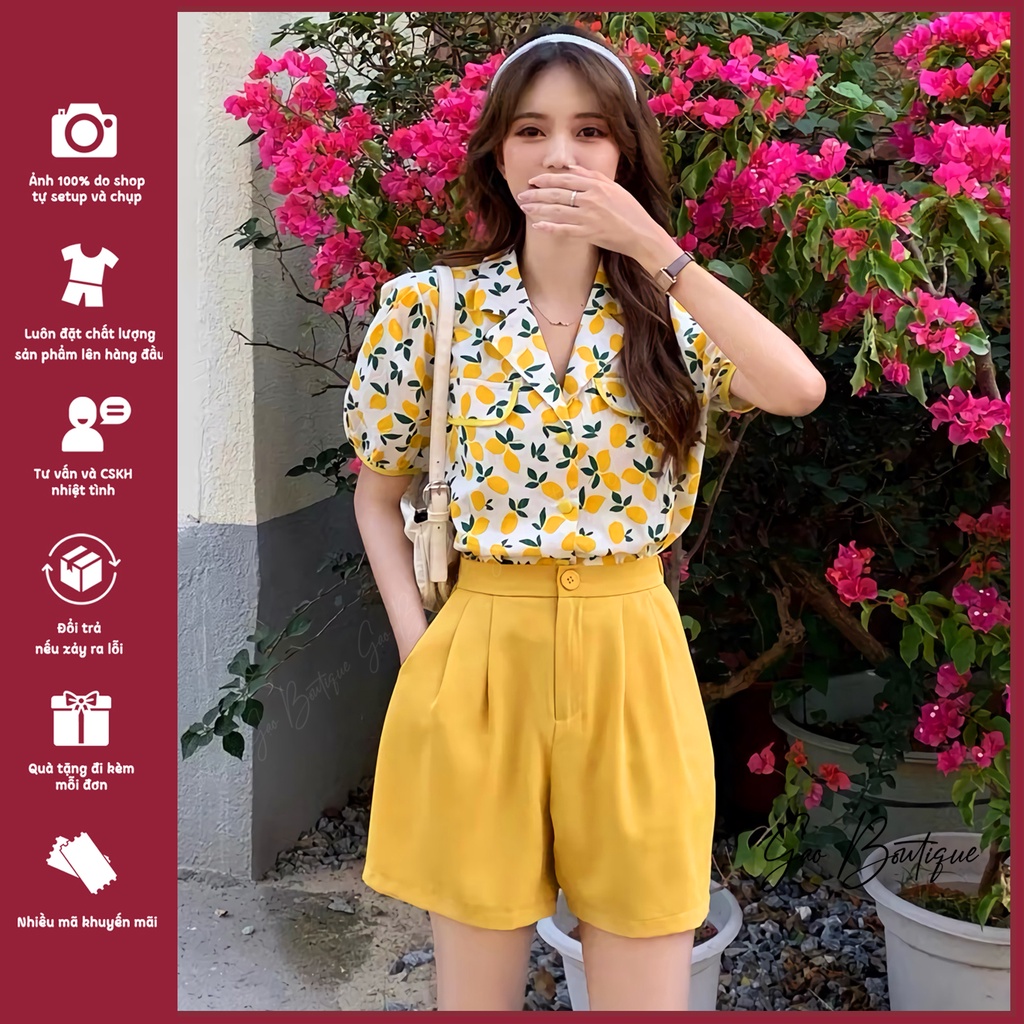 Set Đồ Nữ Đi Chơi, Set Nữ Sang Chảnh Sơ Mi Cổ Vest Hoa Vàng Chanh Mic Quần Short Cạp Cao Từ 40 - 60kg