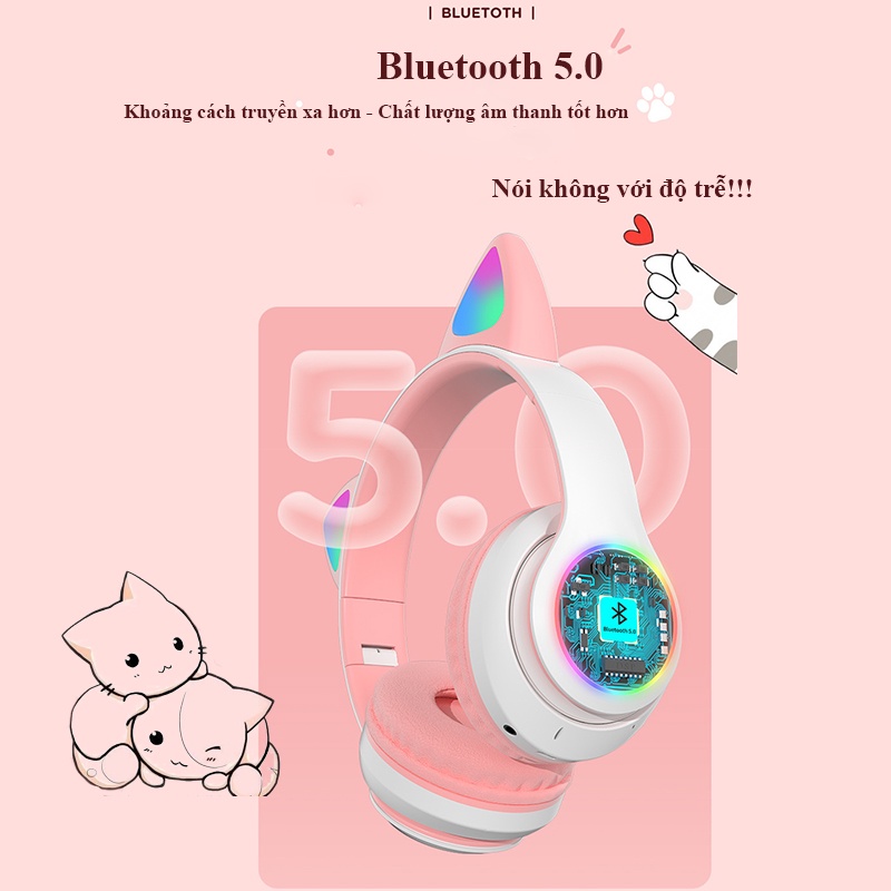 Tai nghe bluetooth tai mèo có mic Headphone tai mèo dễ thương, âm bass mạnh mẽ, dung lượng pin khủng -BH 12T