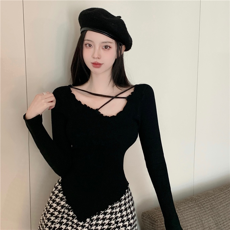 Áo dệt kim ZHELIHANGFEI tay dài thiết kế không cân xứng thời trang cho nữ