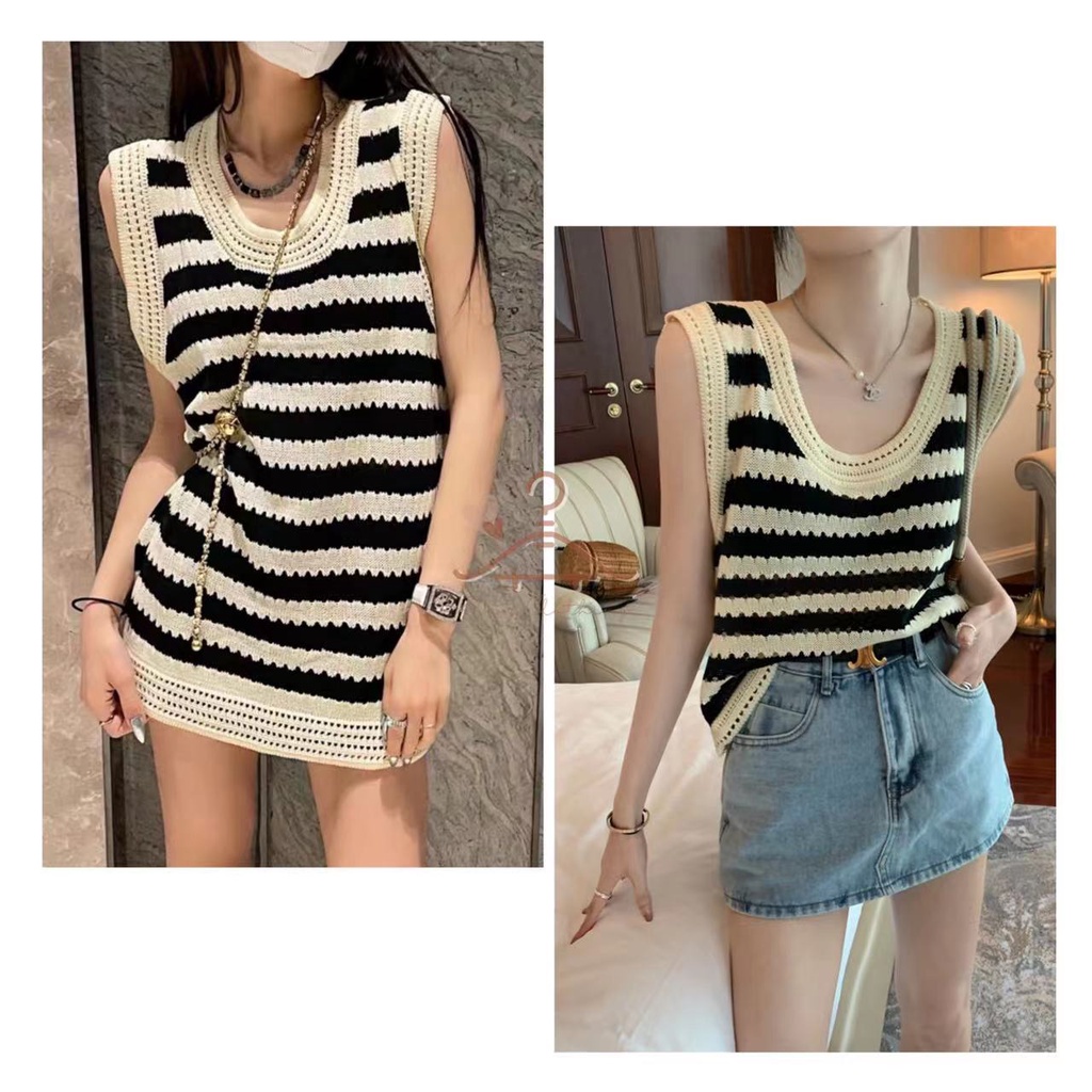 (Hàng sẵn giao ngay)Áo dệt kim dáng rộng kẻ sọc đen trắng phong cách ulzzang, áo sát nách, áo ba lỗ thời trang