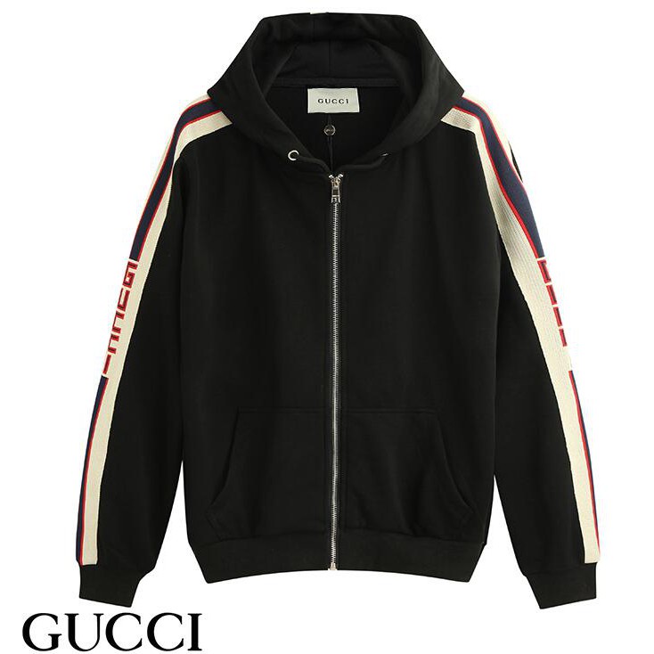 Áo Khoác Gucci Vải Cotton Đính Kim Sa Phối Khóa Kéo Có Mũ Thời Trang Cho Nam Nữ