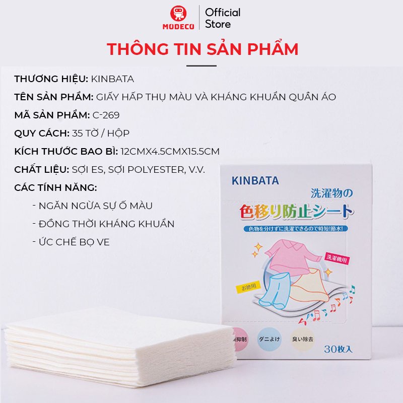 Giấy Hút Màu Và Chống Phai Màu Quần Áo KINBATA Nhật Bản - Hộp 30 Tờ Thấm Hút Màu Cực Mạnh, Kháng Khuẩn Và Chống Bọ Ve